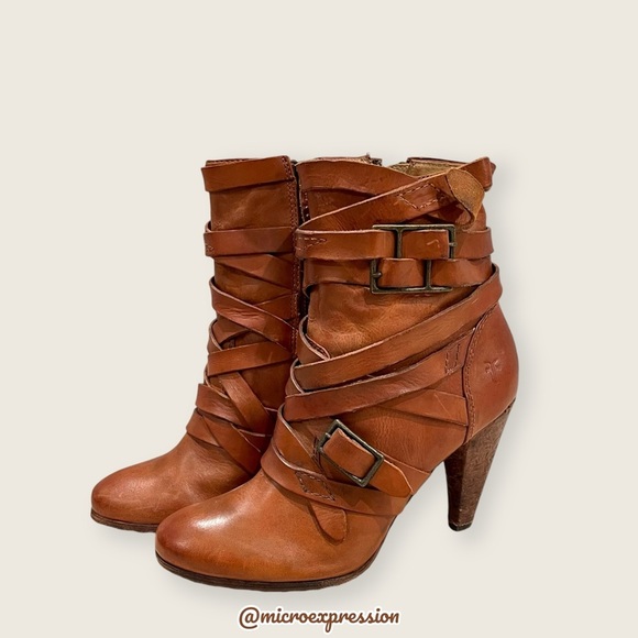 $369 Frye Mikaela Strappy Cognac Distressed Leather Zip Up Career Ankle Bootie - Picture 5 of 11